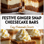 Golden Gingersnap Cheesecake Bars topped with creamy cheesecake swirls on a holiday dessert table.